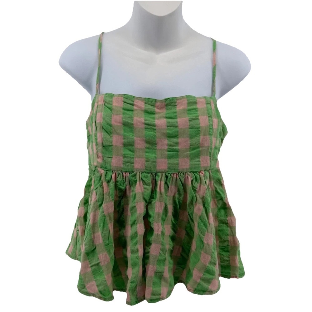 Free People Green Pink Gingham Babydoll Tank Top Open Back Cotton Small
